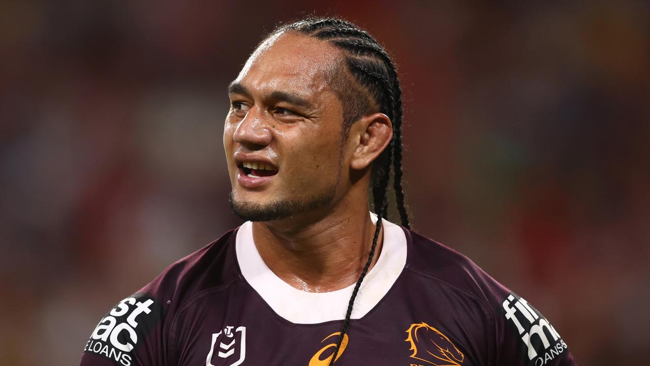 BRISBANE, AUSTRALIA - APRIL 08: Martin Taupau of the Broncos looks on during the round six NRL match between Brisbane Broncos and Canberra Raiders at Suncorp Stadium on April 08, 2023 in Brisbane, Australia. (Photo by Chris Hyde/Getty Images)