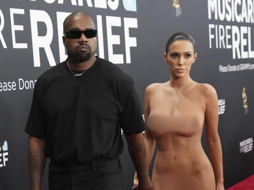 Kanye West, left, and Bianca Censori during their Grammy Awards nude stunt. Picture: Jordan Strauss/Invision/AP