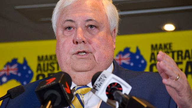 United Australia Party leader Clive Palmer speaks to the media. File picture