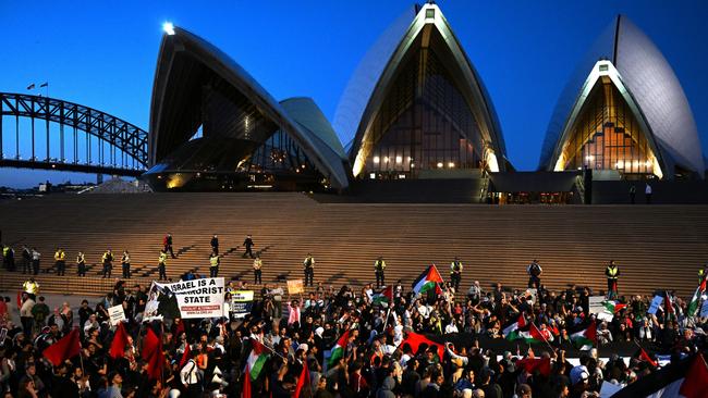 Participants of a Free Palestine rally outside Sydney Opera House. Picture: AAP.