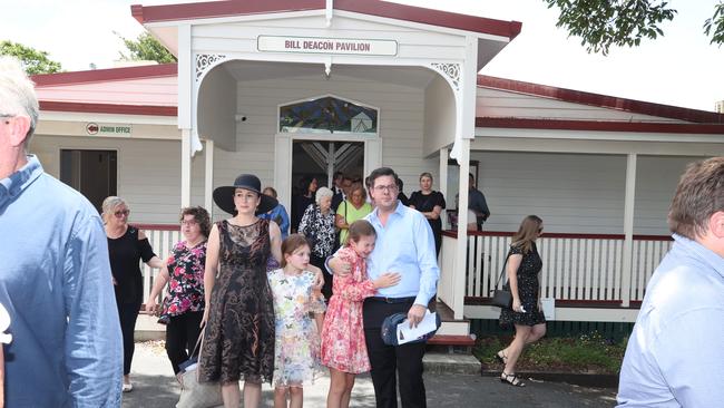 Funeral for Susan Zimmer and Steffanie Zimmer at Mudgeeraba Showgrounds on the Gold Coast. Family and friends at the ceremony, including Claudine Snow, watch the coffins taken from the hall. Picture Glenn Hampson