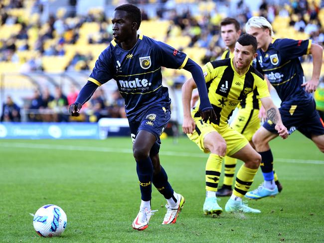 Garang Kuol of the Central Coast Mariners has been selected in a key Socceroos squad before even starting an A-League game. Picture: Joe Allison/Getty Images