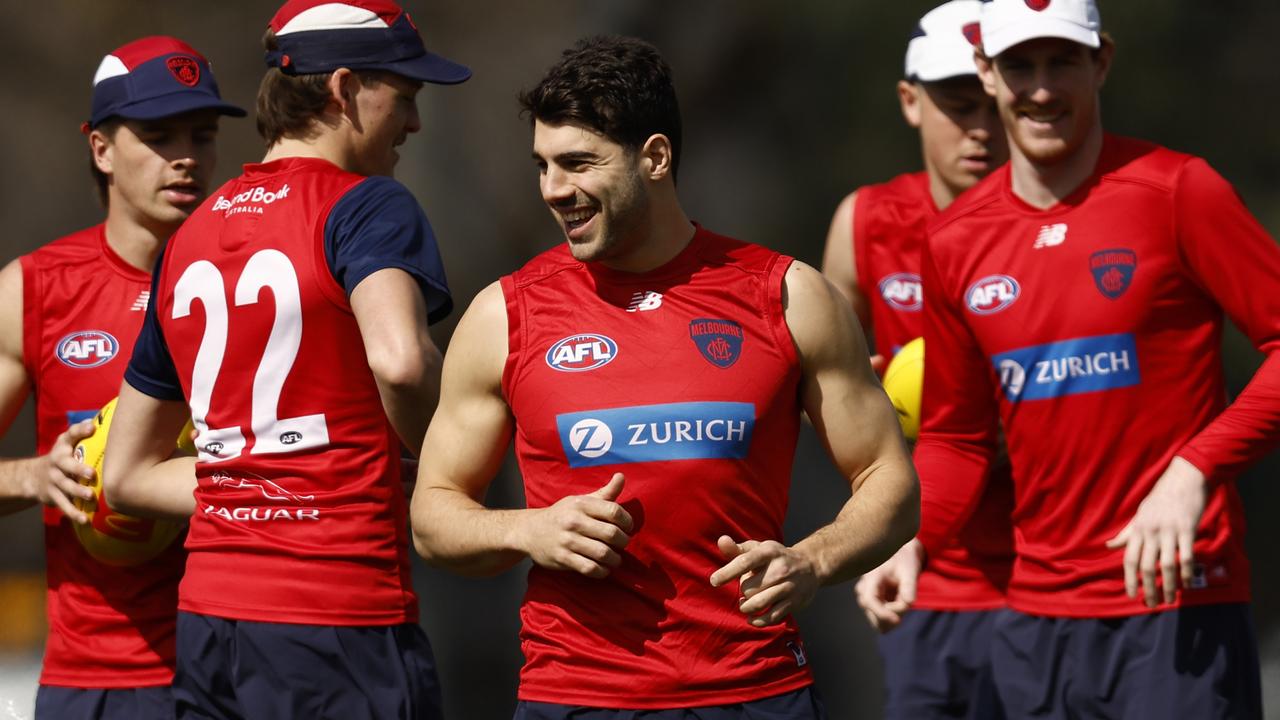 Demon Christian Petracca is all smiles at training despite his leg injury. Picture: Darrian Traynor