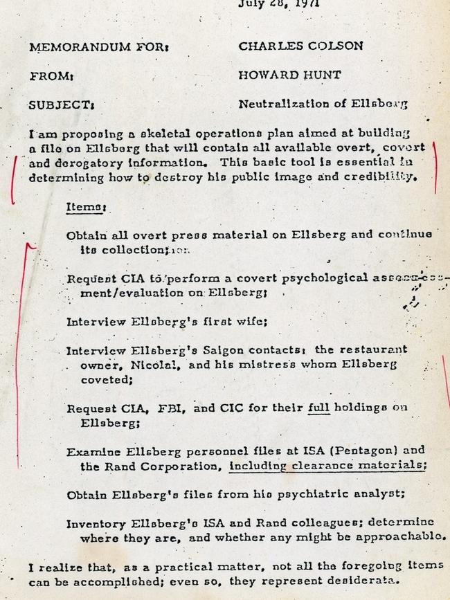 The 1971 Howard Hunt memo on the neutralisation of Daniel Ellsberg, following US president Richard Nixon's attempt to discredit the leaker of the Pentagon Papers.