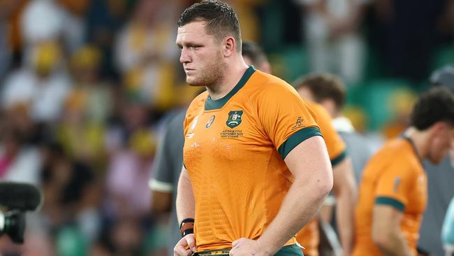 SAINT-ETIENNE, FRANCE - SEPTEMBER 17: Angus Bell of Australia looks on after the Rugby World Cup France 2023 match between Australia and Fiji at Stade Geoffroy-Guichard on September 17, 2023 in Saint-Etienne, France. (Photo by Chris Hyde/Getty Images)