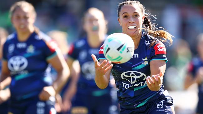 Jakiya Whitfield of the Cowboys in action during the round five NRLW match between Canberra Raiders and North Queensland Cowboys at GIO Stadium on August 24, 2024 in Canberra, Australia.