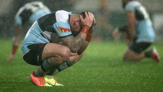 Braden Hamlin-Uele of the Sharks dejected after losing the round 13 NRL match between the Cronulla Sharks and the Parramatta Eels at Netstrata Jubilee Stadium on August 09, 2020 in Sydney, Australia. (Photo by Cameron Spencer/Getty Images)