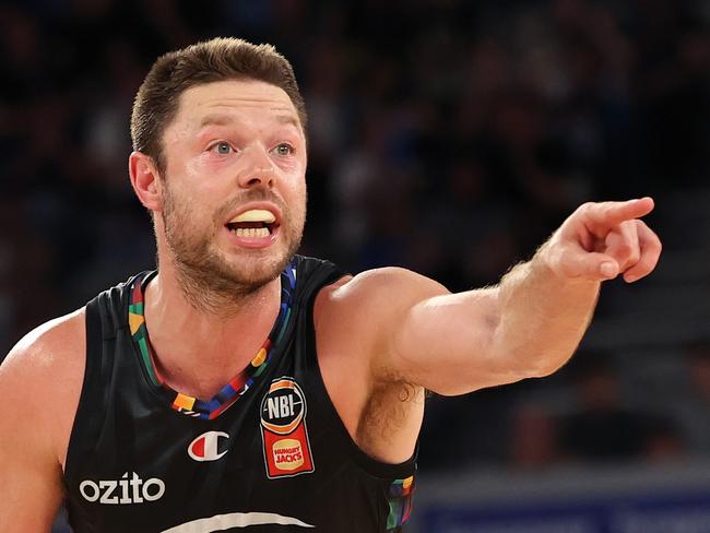 MELBOURNE, AUSTRALIA - OCTOBER 20: Matthew Dellavedova of United reacts during the round five NBL match between Melbourne United and South East Melbourne Phoenix at John Cain Arena, on October 20, 2024, in Melbourne, Australia. (Photo by Kelly Defina/Getty Images)