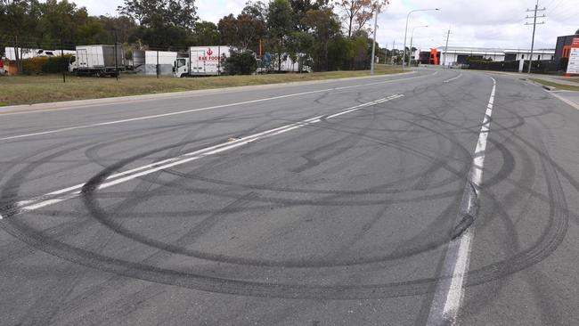 Burnout marks on Burnside Road at Ormeau. Picture: Jason O'Brien