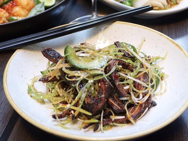 <b>Deep fried pigs ears with pickled cucumber salad:</b>                        <a href="http://www.chinalane.com.au/files/" target="_blank">China Lane, CBD</a>