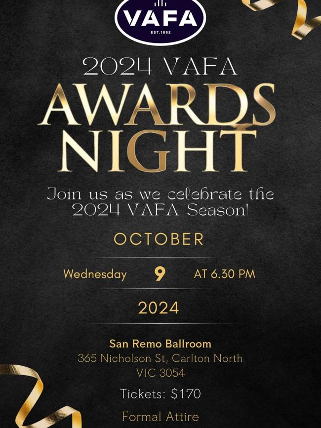 The 2024 VictorianÂ Amateur Football Association (VAFA) Awards Night will kick off at 7pm at the San Remo Ballroom in Carlton North on Wednesday. Picture: VAFA