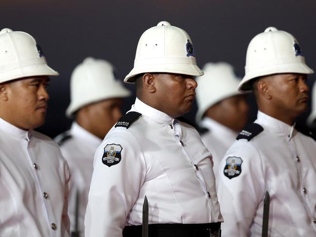 Members of the Samoan Police Force wait for the arrival of King Charles III and Queen Camilla. Picture: Getty Images