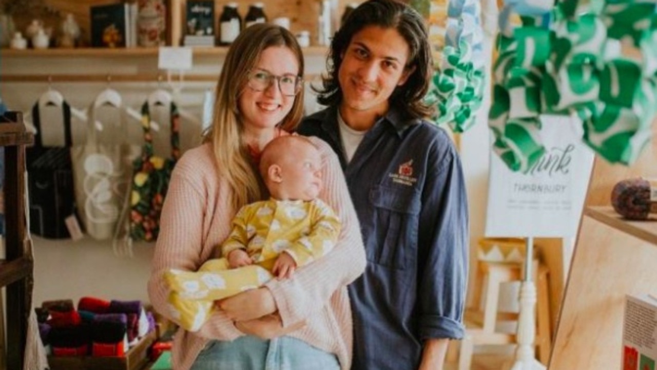 Young dad Josh Kelly with his family, wife Maggie and son Remy.