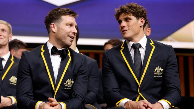 Toby Greene chats to Charlie Curnow. Picture: Dylan Burns/AFL Photos via Getty Images.