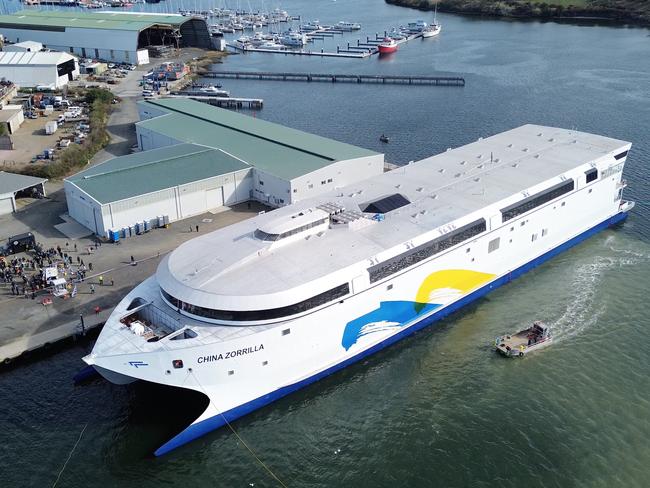 Drone image of all-electric Incat ferry China Zorrilla destined for South America. Picture: Incat