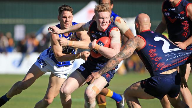 Clayton Oliver dominated for the Dees but they couldn’t get over the Eagles in Alice Springs. Picture: Mark Stewart.