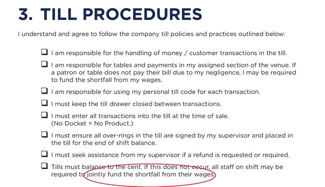 Till procedures section from Pig 'N' Whistle Conditions of Employment