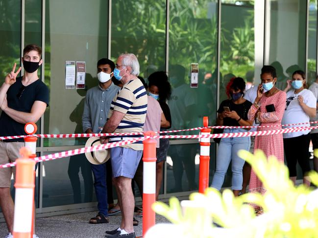 People queue for Covid-19 testing at Brisbane’s Princess Alexandra Hospital. Picture: David Clark