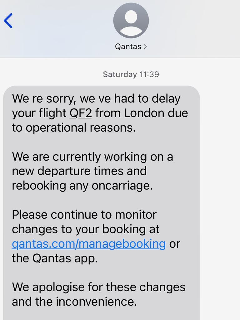 Qantas communicated with guests via text. Picture: Supplied