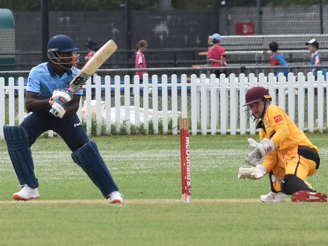 Advik Ajithkumar plays a shot as Fletcher Gersbach is caught off guard. Picture: Sean Teuma