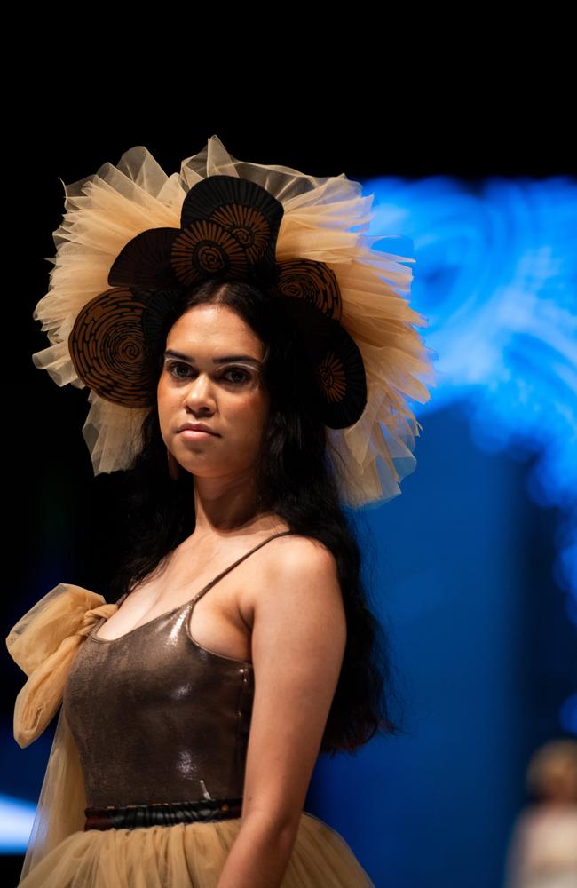 Destinee Green at the 2024 Country to Couture at the Darwin Convention Centre showcases hand-designed First Nations fashion. Picture: Pema Tamang Pakhrin