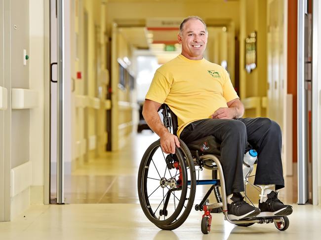 Former Wallaby Richard Tombs at Royal Rehab Private Hospital at Ryde after he broke his neck in a soccer match in 2018. He was in Manly court on Tuesday to appeal a decision stopping him applying for a learner’s permit to drive his new car. (AAP IMAGE / Troy Snook)