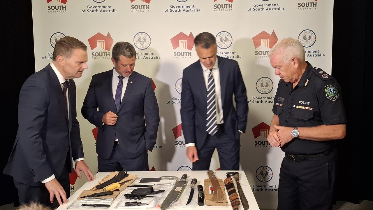 Treasurer Stephen Mullighan, Attorney-General Kyam Maher, Premier Peter Malinauskas and Police Commissioner Grant Stevens discuss the proposed new laws to tackle knife crime.