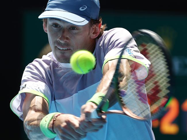 MELBOURNE . 21/01/2023.  TENNIS.  Australian Open at Melbourne Park. Alex De Minaur vs Benjamin Bonzi on Rod Laver Arena. Alex De Minaur in action  . Pic: Michael Klein