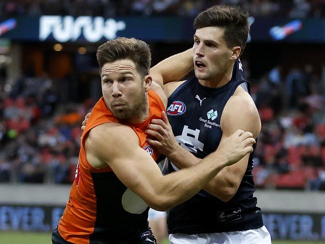 Giants Toby Greene and Carlton's Nic Newman during AFL Round 3 match between the GWS Giants and Carlton Blues at Giants Stadium on April 1, 2023. Photo by Phil Hillyard(Image Supplied for Editorial Use only - **NO ON SALES** - Â©Phil Hillyard )