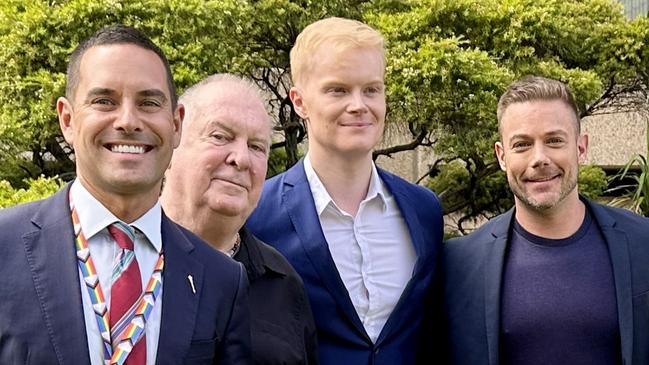 Conversion therapy survivors Jeremy Smith, and Tim Pocock (first and second from the right) called on the NSW government to pass the bill. Picture: Supplied