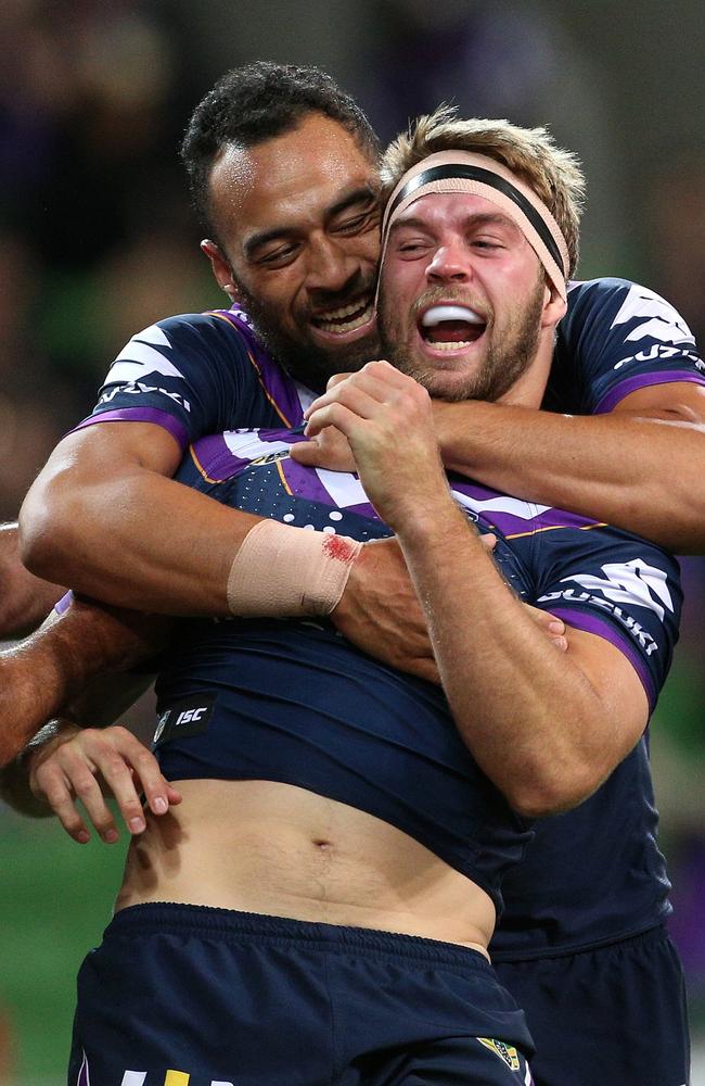 Christian Welch celebrates his first ever try in the NRL