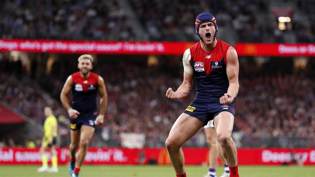 Angus Brayshaw kicks the goal that put the Dees back in front in the 3rd quarter. Picture: Getty Images