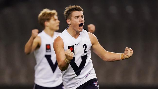 Caleb Serong celebrates a goal playing for Vic Country and 2019 Under-18 championships. Picture: Michael Dodge/AFL Photos