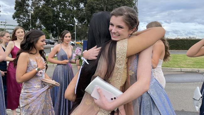 Sophie Obreza greets Akansha Negi as they arrive at Rosehill Gardens.