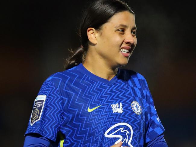 KINGSTON UPON THAMES, ENGLAND - FEBRUARY 11:  Sam Kerr of Chelsea during the Barclays FA Women's Super League match between Chelsea Women and Arsenal Women at Kingsmeadow on February 11, 2022 in Kingston upon Thames, United Kingdom. (Photo by Marc Atkins/Getty Images)