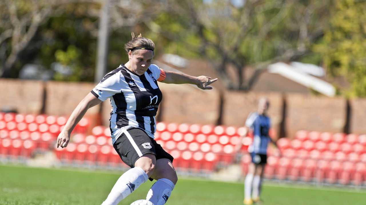 TOP STRIKE: Willowburn captain Kiama Gray scores from a free kick to draw her side level against Rockville. Willowburn won the Premier Women&#39;s grand final 2-1. Picture: Kevin Farmer