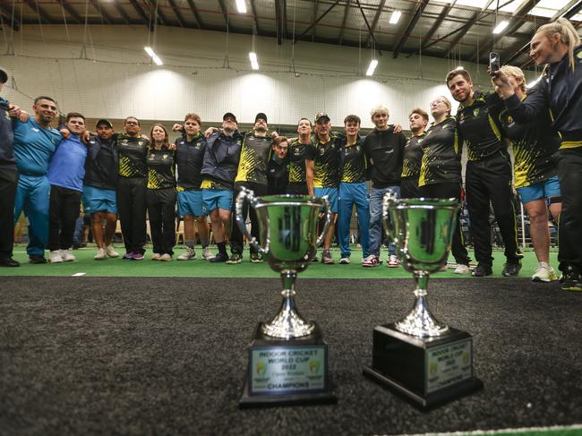 Indoor Cricket World Cup Grand Finals. Australia v New Zealand men's game. Both Australian teams (men and women celebrate their wins. Picture: Valeriu Campan