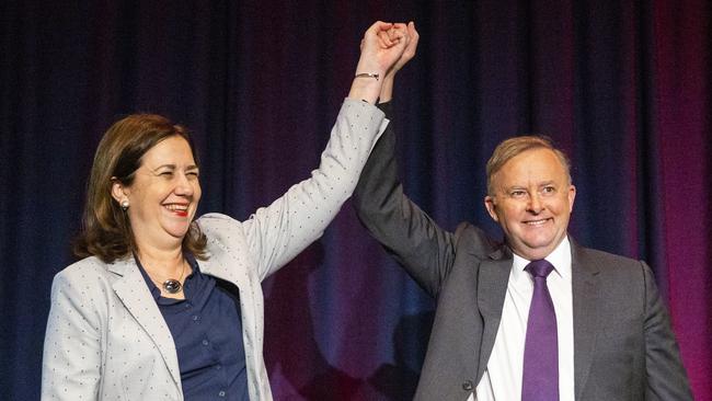 Palaszczuk and Albanese at the 2019 Queensland Labor State Conference in Brisbane. Picture: AAP