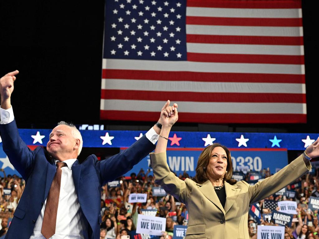 Minnesota Governor and 2024 Democratic vice presidential candidate Tim Walz with Vice President and 2024 Democratic presidential candidate Kamala Harris during a campaign event at Desert Diamond Arena in Glendale, Arizona. Picture: Robyn Beck / AFP