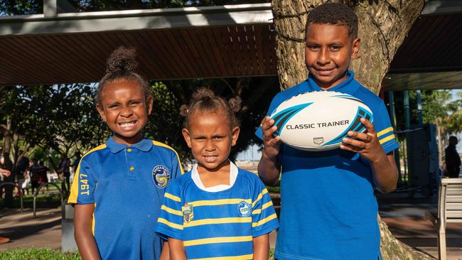 Young Parramatta Eels fans Tia, Tasianna and Walter at the signing session on the Darwin Waterfront. Picture: Pema Tamang Pakhrin