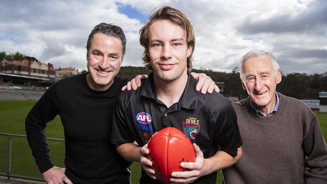 Tasmania AFL draft chance Mitch O’Neill with his dad James O'Neill and pop David O'Neill. All three played for North Hobart. Picture: RICHARD JUPE