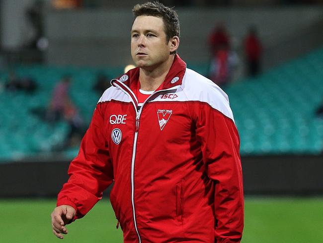 Swans assistant coach Stuart Dew during AFL match Sydney Swans v Carlton at the SCG. pic. Phil Hillyard