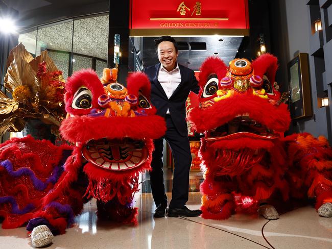 DAILY TELEGRAPH JANUARY 20, 2025. Billy Wong at his restaurant Golden Century at Crown Sydney with some lion dancers ahead of Chinese New Year. Picture: Jonathan Ng