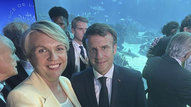 Environment Minister Tanya Plibersek with French President Emmanuel Macron at the UN Oceans Conference in Lisbon.