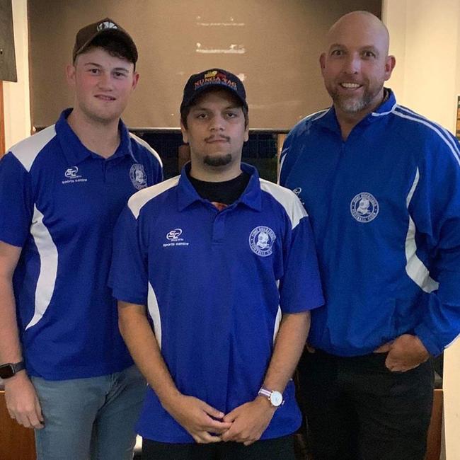 Port Noarlunga Football Club player Nick Steele (L) and coach Clint Howes (R) welcome Ian Milera to the club. Picture: Supplied, Port Noarlunga Football Club Facebook