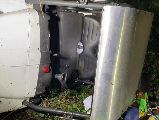 The golf buggy that rolled on Scotland Island, injuring a boy, 10, and a 54-year-old woman. Picture: NSW Fire and Rescue Narrabeen