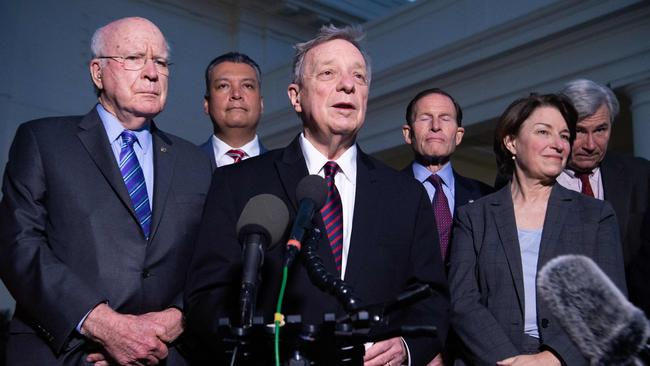 Democratic members of the Senate Judiciary Committee, including chairman Dick Durbin (centre), speak after a meeting with US President Joe Biden about his upcoming Supreme Court nominee. Picture: AFP