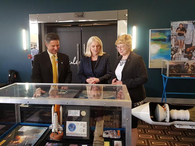 CSIRO chief Dr Larry Marshall, Minister for Industry, Science and Technology Karen Andrews and Dr Meghan Clark, head of the new Australian Space Agency, at the 18th Australian Space Research Conference at the Mantra on View Hotel in Surfers Paradise.  Picture: Suzanne Simonot.