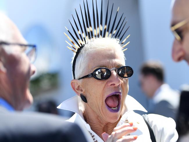 A woman wearing a porcupine fascinator at Derby Day. Picture: Tracey Nearmy, AAP Image.