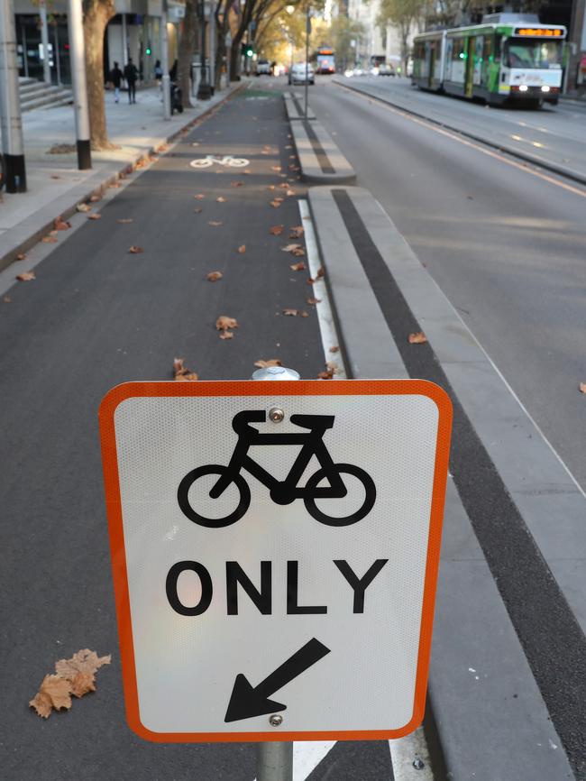 A bike lane well separated from road traffic in Melbourne. Picture: David Crosling